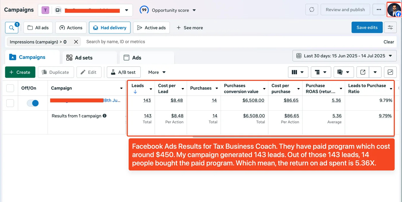 Tax Business Coach – Meta Ads Campaign